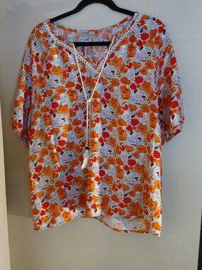 Vivilli Women's Boho peasant Blouse V-neck Floral Print Tassel Tie Top